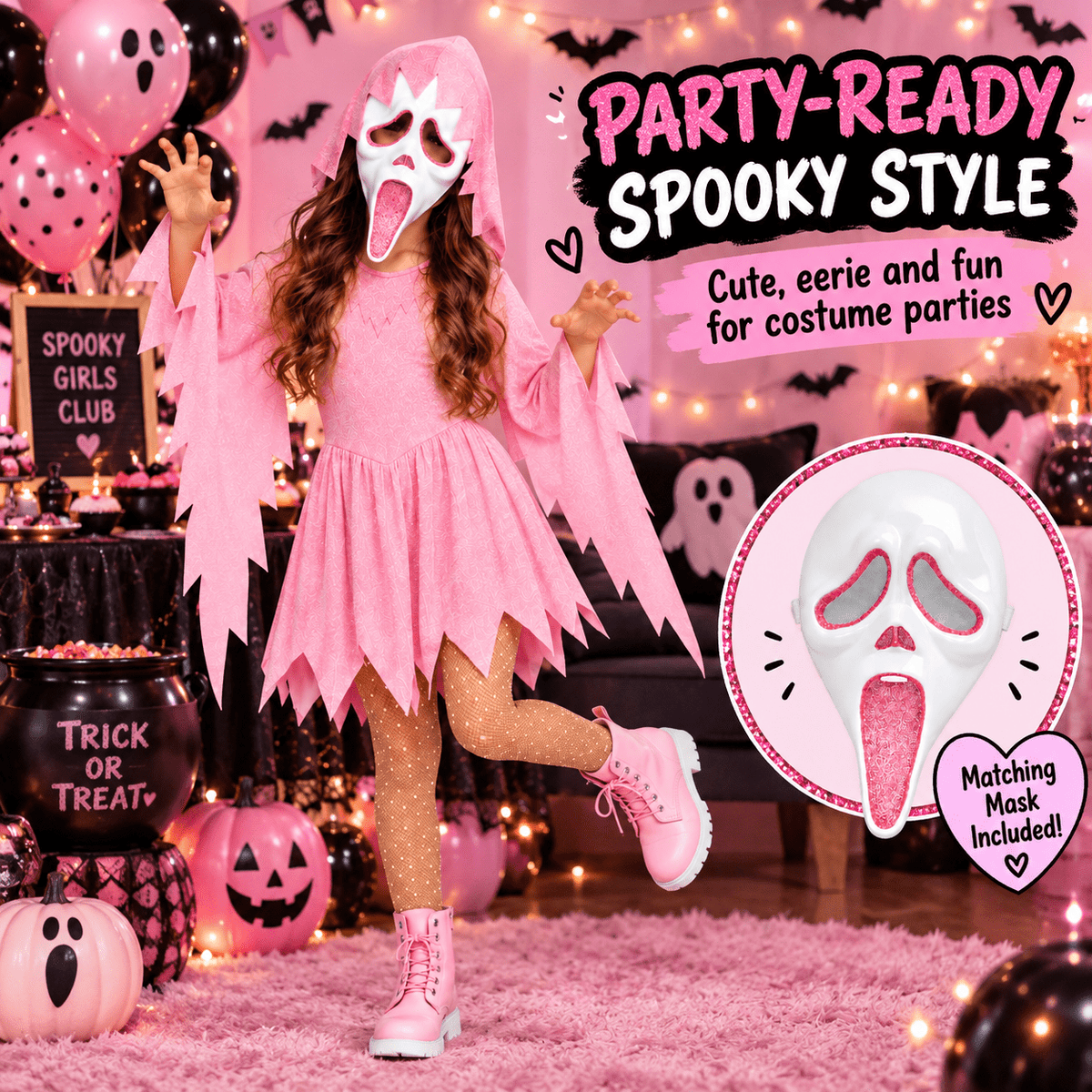 Pink Glitter Ghost Halloween Costume for Girls, Hooded Cosplay Dress with Mask, Spooky Horror Party Outfit