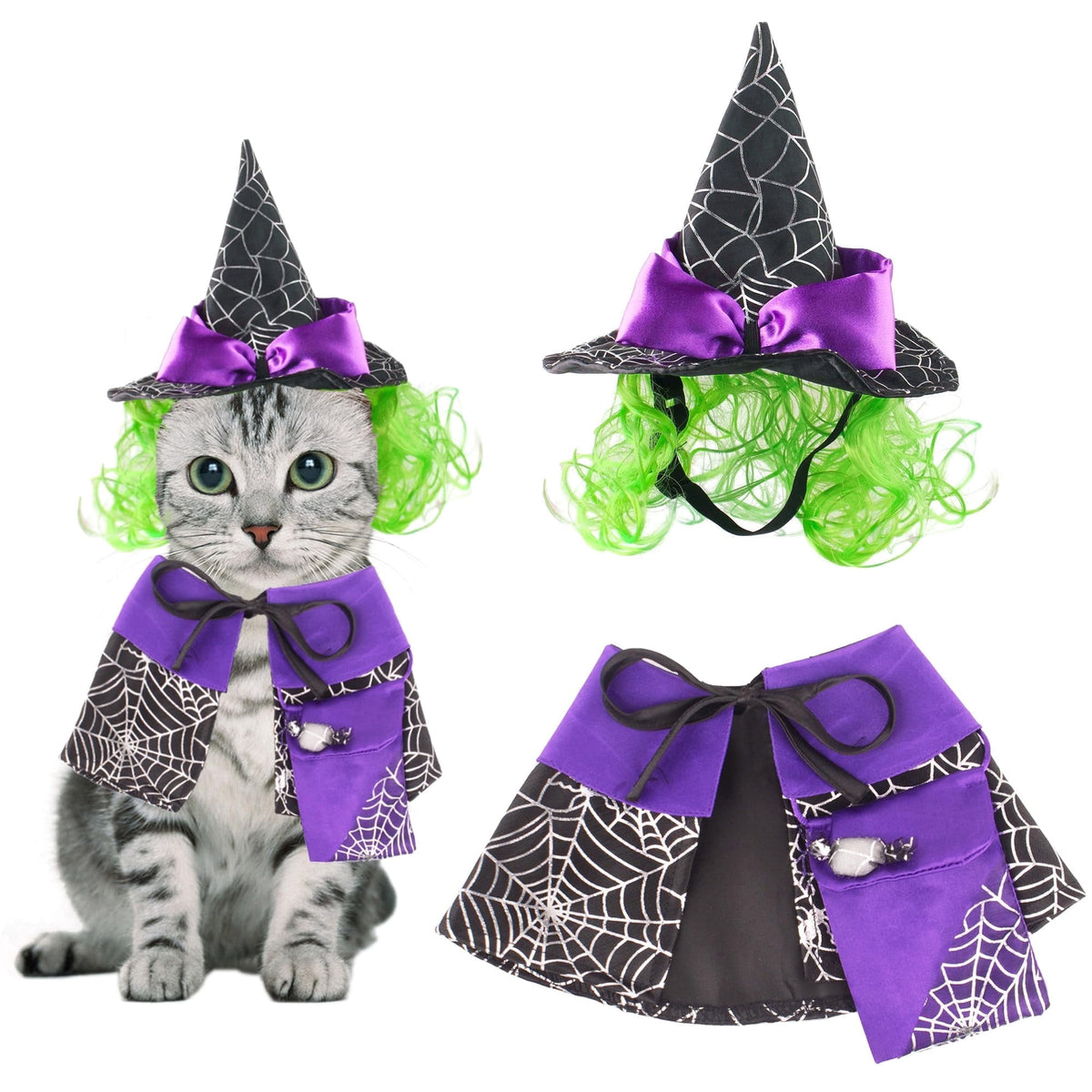 WILLED Halloween Pet Costumes, Cat Wizard Costume, Dog Witch Cloak & Hat, Purple Witch Cloak for Cats, Dogs, Kittens, Puppies, Rabbits, Perfect for Halloween, Parties, Cosplay, and Daily Wear