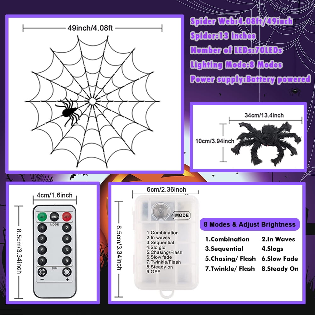 Halloween Decorations Spider Web Lights, 4FT Diameter 70 LED with Black Spider, Waterproof Net Lights, Remote Control
