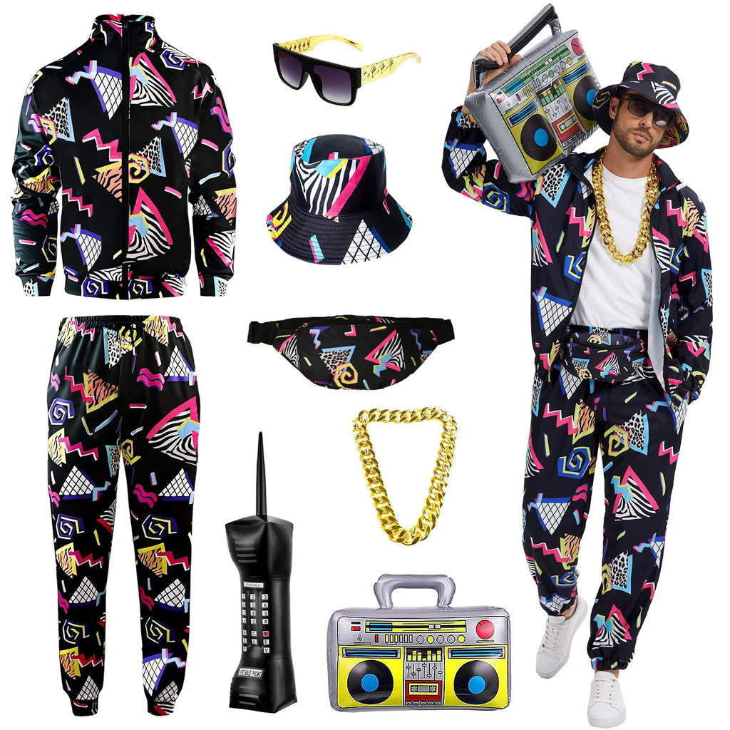 GYQMBT 80s 90s Men's Sportswear, Party Hip Hop Windbreaker 90s Disco Sportswear, 80s Adult Bizarre Costume 8 Piece Set