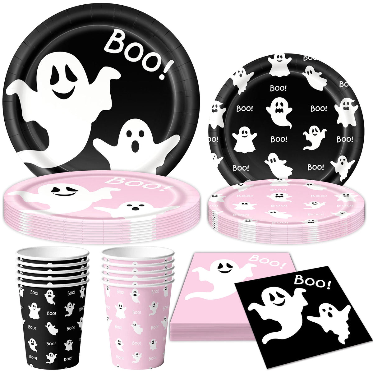 50/73/93Pcs Halloween Boo Party Tableware Supplies Decorations, Spooky Ghost Plates Napkins Boo Ghost Tableware Tablecloth Banner for Halloween Birthday Party Boo Baby Shower Party Supplies