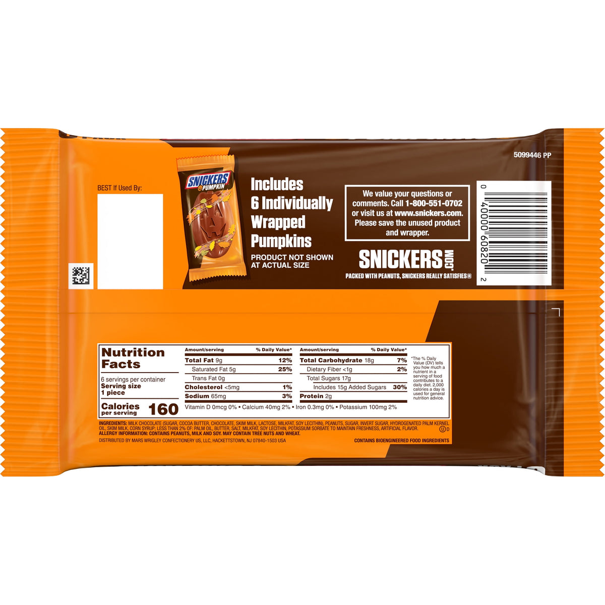 Snickers Pumpkin Milk Chocolate Halloween Candy Bulk Pack of 6 - 1.1 oz