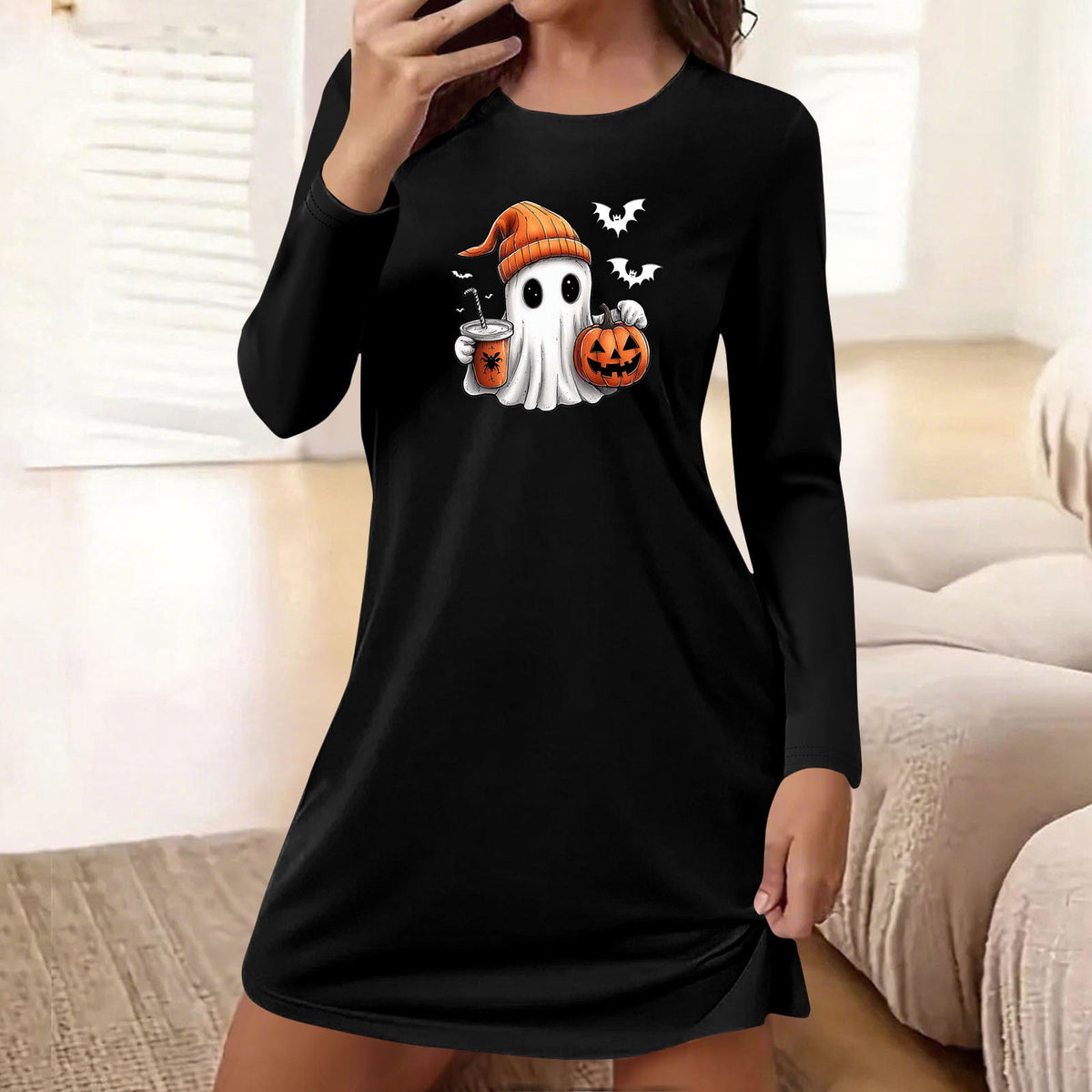 Censtreet Halloween Sleep Shirts for Women Short Sleeve Night Shirts for Sleeping Pullover Nightgown Soft Nightdress