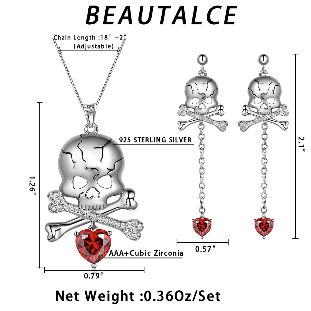 Beautlace 925 Sterling Silver Skull Jewelry Set, Halloween Skeleton Skull Pendant Necklace/Drop Dangle Earrings Gothic Vintage Skull Jewelry Set for Women