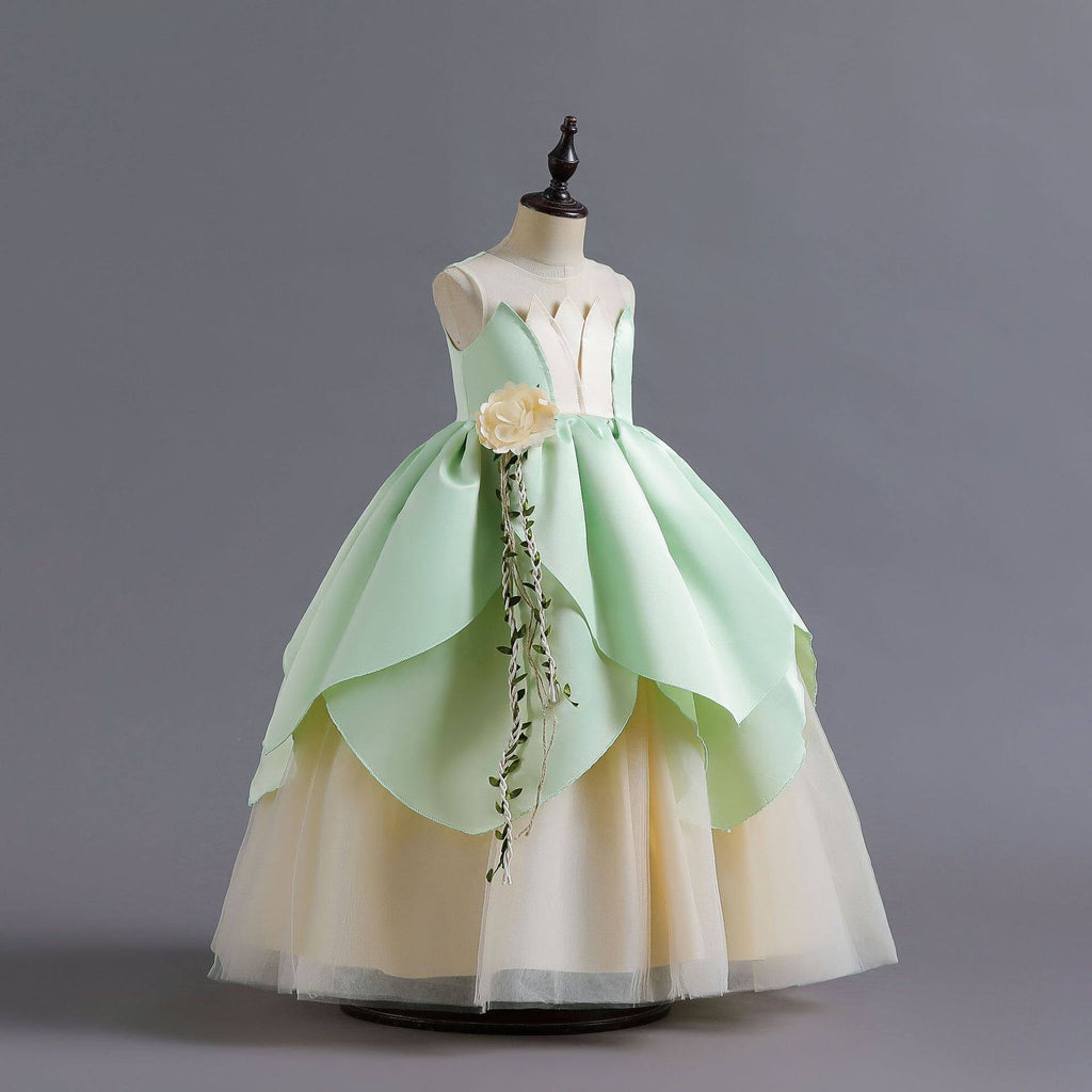 KAWELL Princess Tiana Costume for Girls Birthday Halloween Dress Up Outfits with Accessories