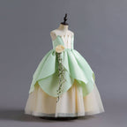 KAWELL Princess Tiana Costume for Girls Birthday Halloween Dress Up Outfits with Accessories