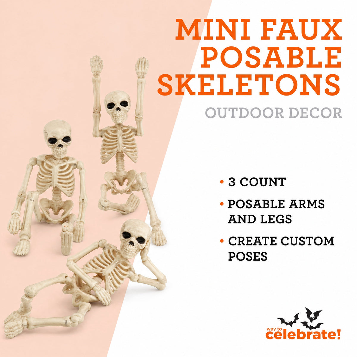 Mini Faux Posable Skeletons, 8", 3 Count, Halloween by Way To Celebrate