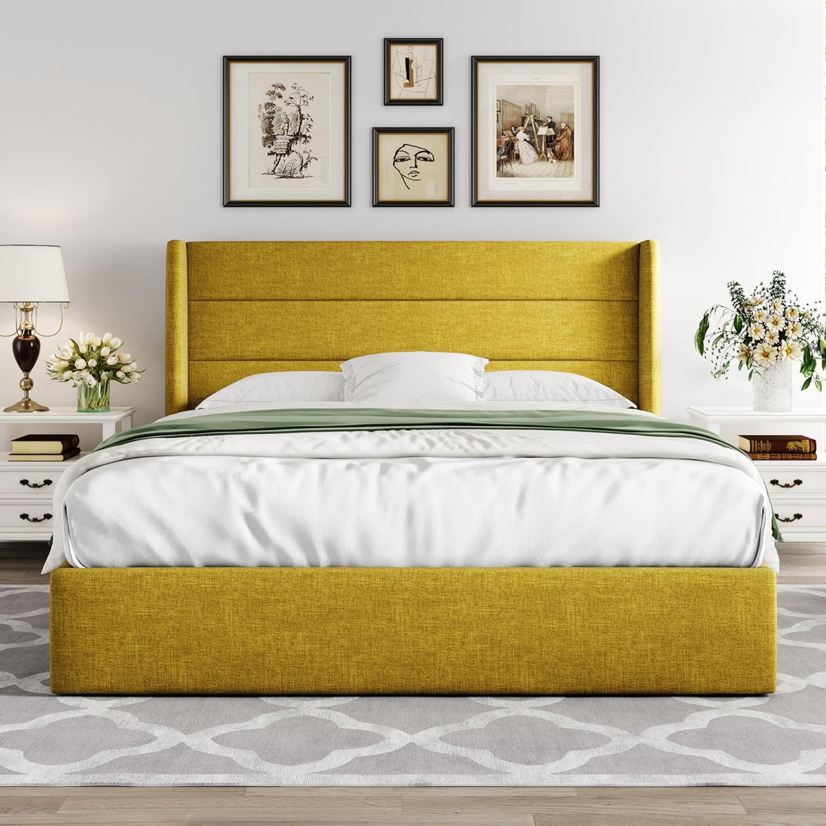 Allewie Queen Lift Up Storage Bed Frame With Wingback Headboard, Light Beige - 80.7 x 60.6 x 44.5 in