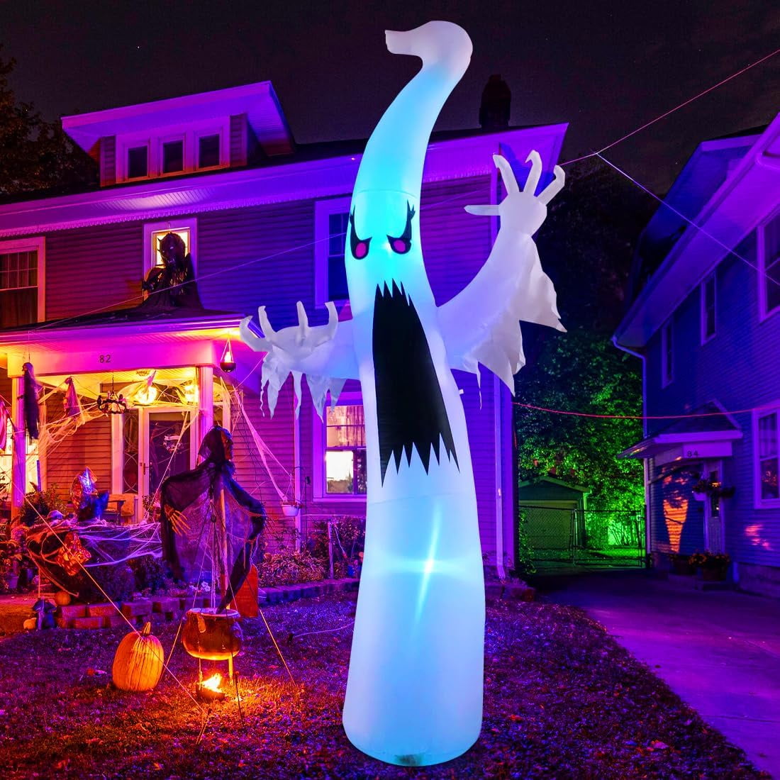 GOOSH 12 FT Height Halloween Inflatable Outdoor Colorful Dimming Ghost, Blow Up Yard Decoration with LED Lights Built-in for Holiday/Party/Yard/Garden