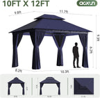 AOXUN Outdoor Gazebo 10x12 Metal Frame Double Roof Canopy With Mosquito Netting And Privacy Screen - Navy Blue