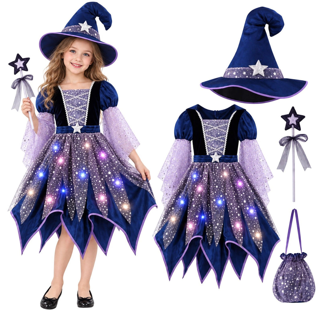 MEZZALL Child Outfit Sets Girls Witch 4 Light Up Star Witch Dress With Hat Wand Kids Halloween Party Outfit For Party Clothes Sets