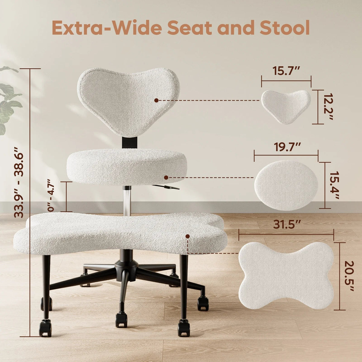 Pinmoco Ergonomic Cross-Legged Swivel Chair, Adjustable Height, Teddy Fabric, Off White