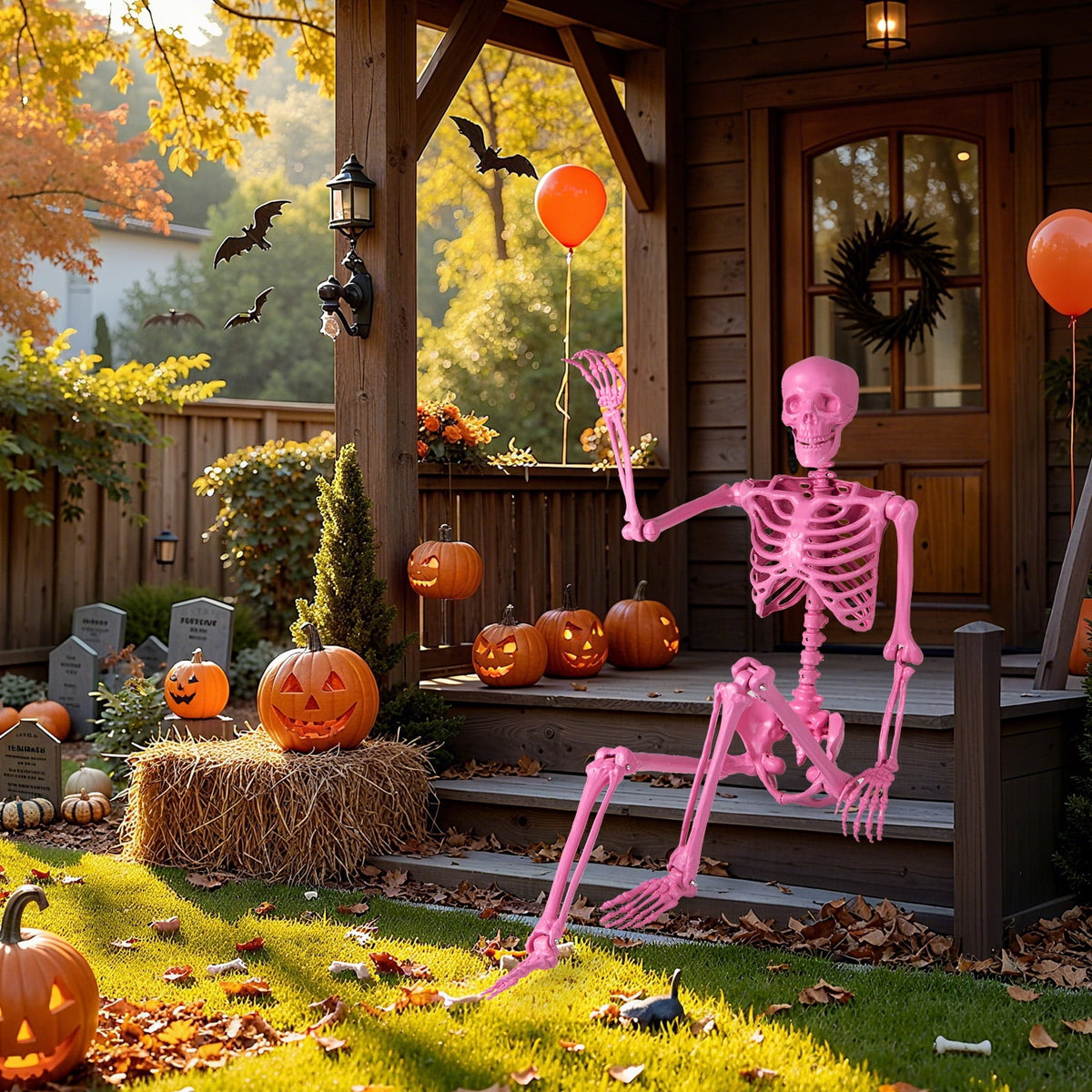 Costway 5.5 FT Poseable Halloween Skeleton Life-Size Decoration with Movable Joints Pink