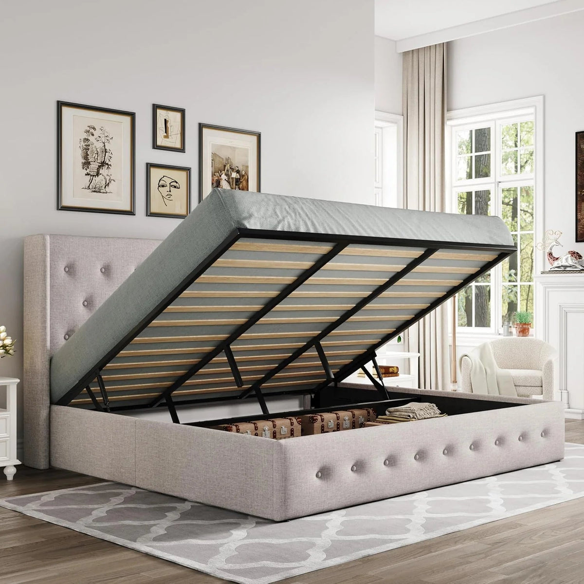 Allewie Queen Lift Up Storage Bed Frame With Wingback Headboard, Light Beige - 80.7 x 60.6 x 44.5 in