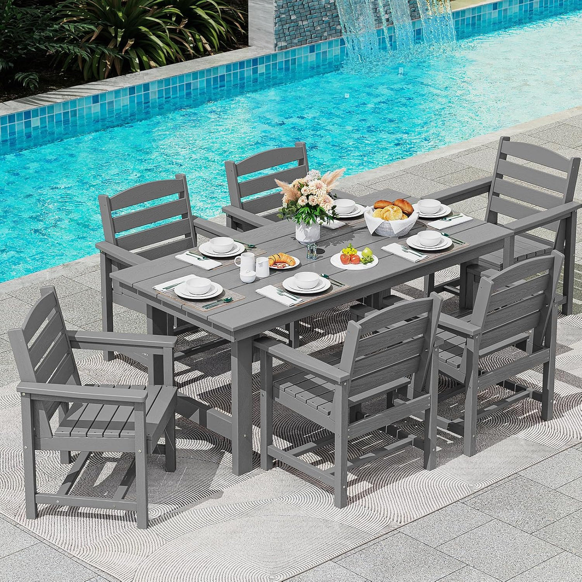 SERWALL 7-Piece HDPE Patio Dining Set, Aruba, 66.9in D x 32.2in W x 29.1in H