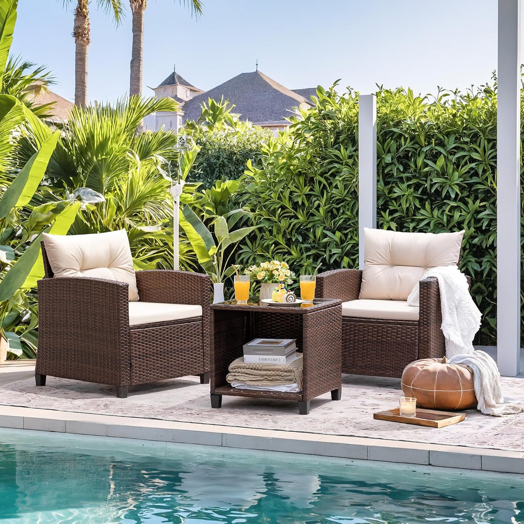 Devoko 3-Piece PE Rattan Patio Furniture Set With 2 Outdoor Chairs And Table, Brown - 26.8 x 25.2 x 29.5 inches