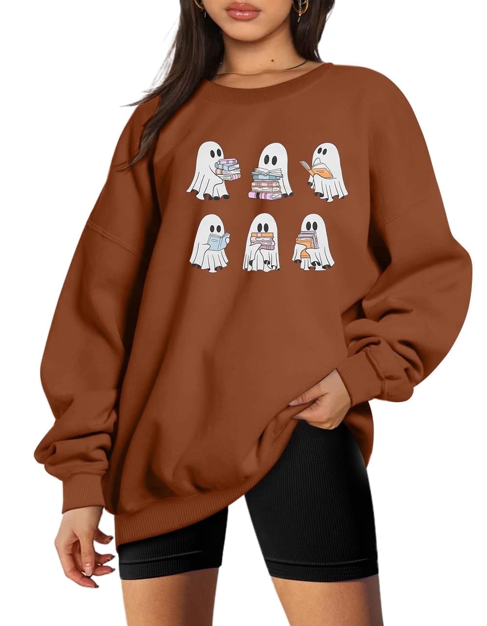 KimSoong Halloween Sweatshirts for Women Ghost Reading Books Sweater Cute Spooky Bookish Shirt Fall Pullover Tops
