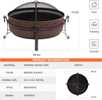 SUNCREAT 42-Inch Wood Burning Patio Fire Pit, Black, 42.1 Inch Diameter x 25.2 Inch High