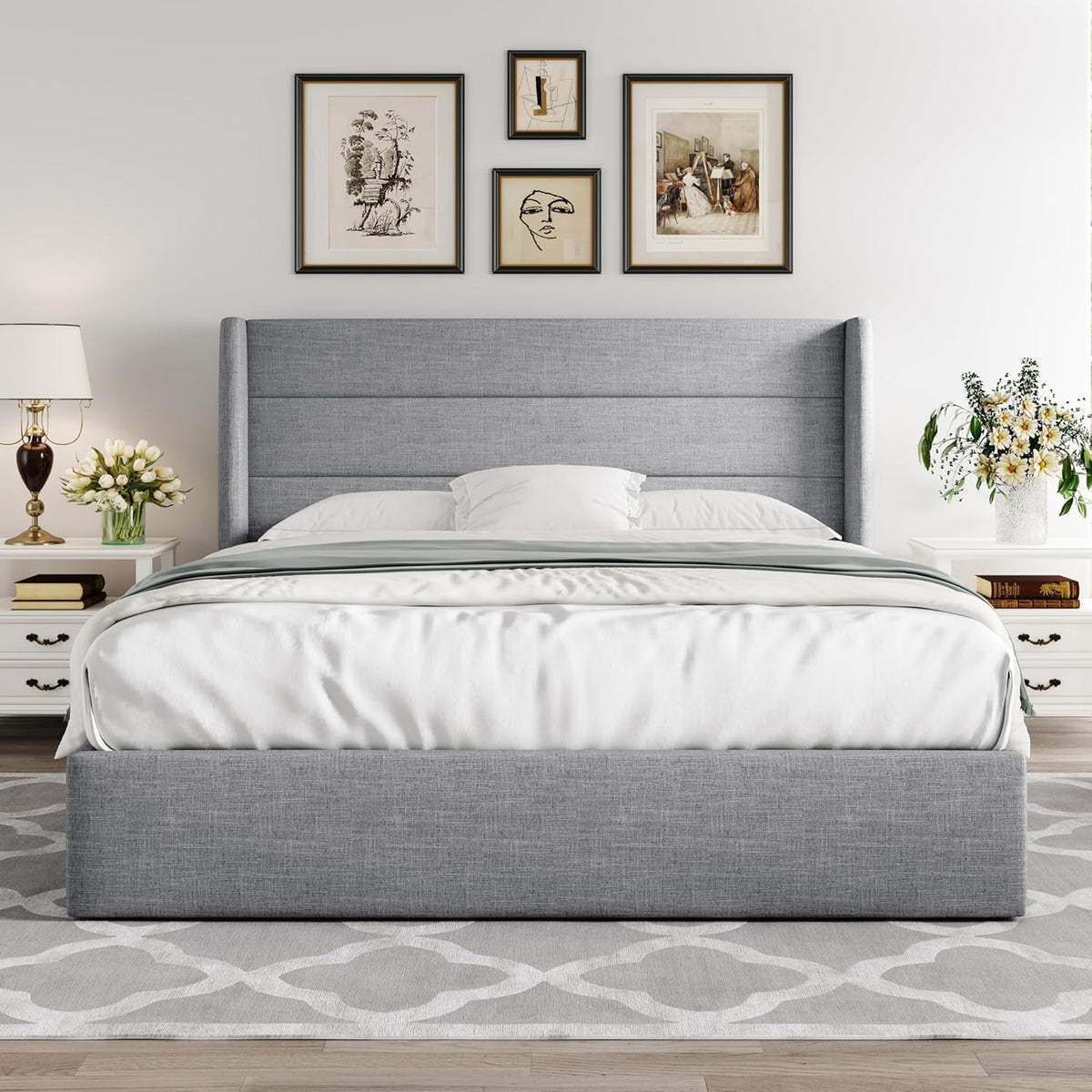 Allewie Queen Lift Up Storage Bed Frame With Wingback Headboard, Light Beige - 80.7 x 60.6 x 44.5 in