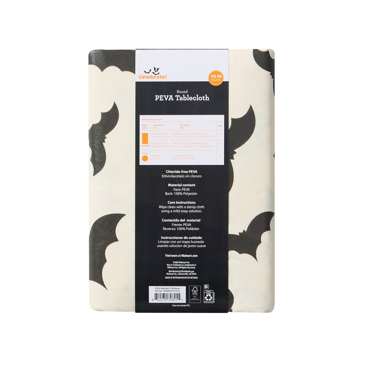Way To Celebrate Halloween PEVA Tablecloth Indoor & Outdoor Table 70" Round - Bat Toss