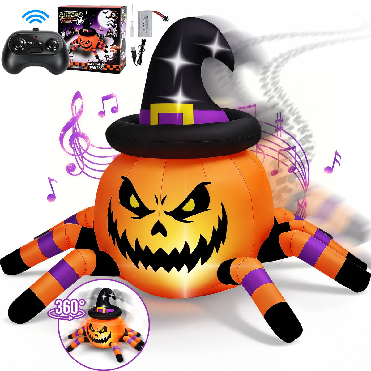 Firstness 2.4GHz Remote Control Car Halloween Inflatable Pumpkin Spider Blow ups Rc Car 360° Rotation, 3 Music and LED Lights, Aged 3+