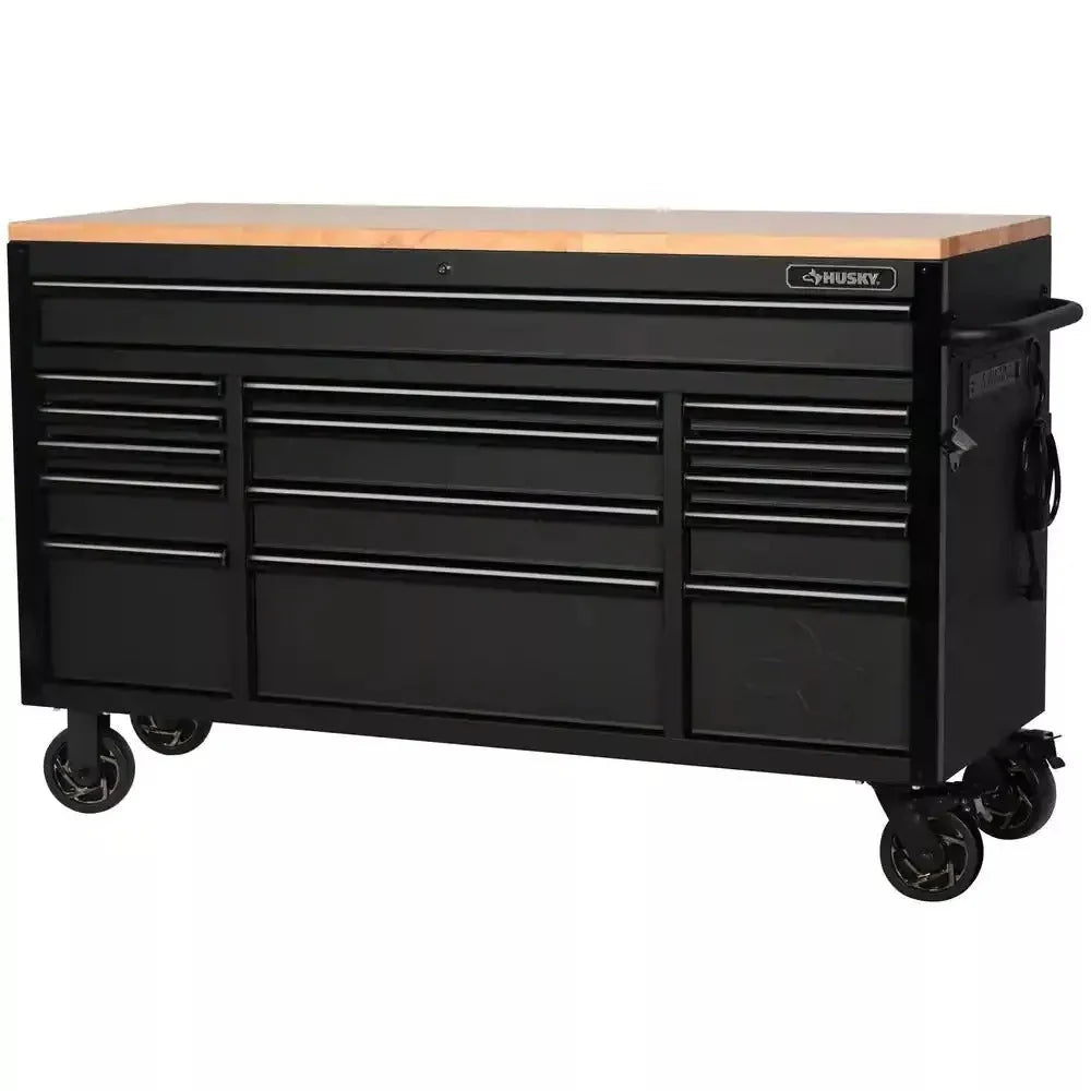 Heavy Duty 61 in. W x 23 in. D 15-Drawer Mobile Workbench With Solid Wood Top