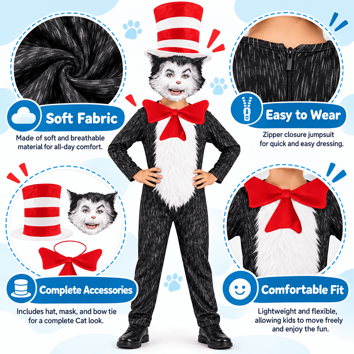 4-Piece Cat Halloween Cosplay Costume for Kids, Scary Cat Jumpsuit Set with Mask, Striped Hat & Bow Tie for Boys & Girls, Ages 11-12