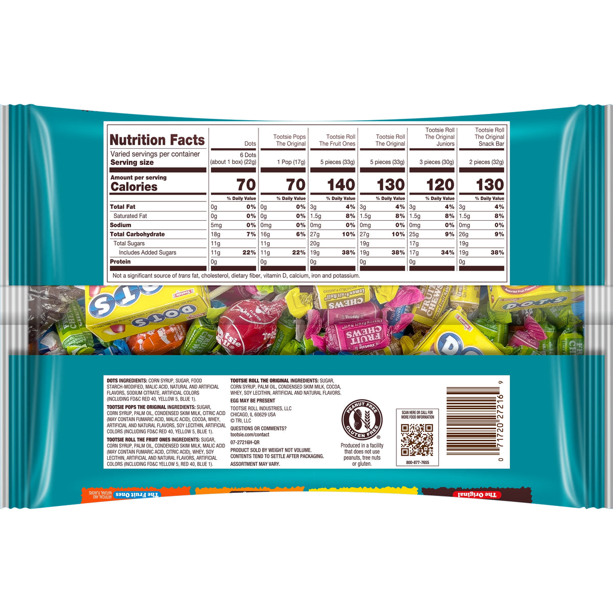Tootsie Child's Play, Assorted Halloween Candy, Individually Wrapped, 16.2 oz. Peanut Free and Gluten Free. Contains Milk.