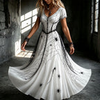 KICILVS Gothic Clothes For Women Black Spiderweb And Spider Print Flowing V Neck Long Maxi Dress Halloween Cosplay Gothic Party Dress
