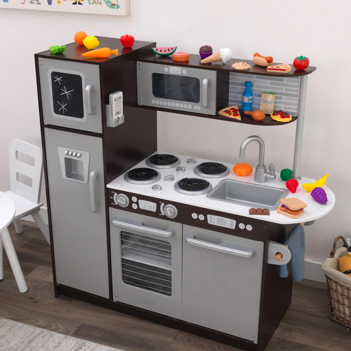 KidKraft Uptown Espresso Wooden Play Kitchen With 30-Piece Play Food Accessories