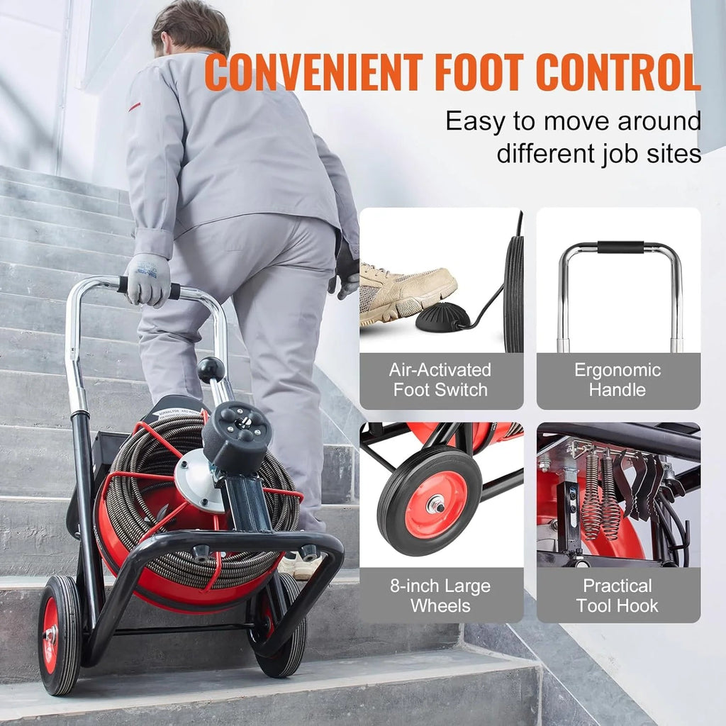 VEVOR Drain Cleaner Machine 100FT x 1/2 Inch, 550W, 8 Cutters, Red + Black