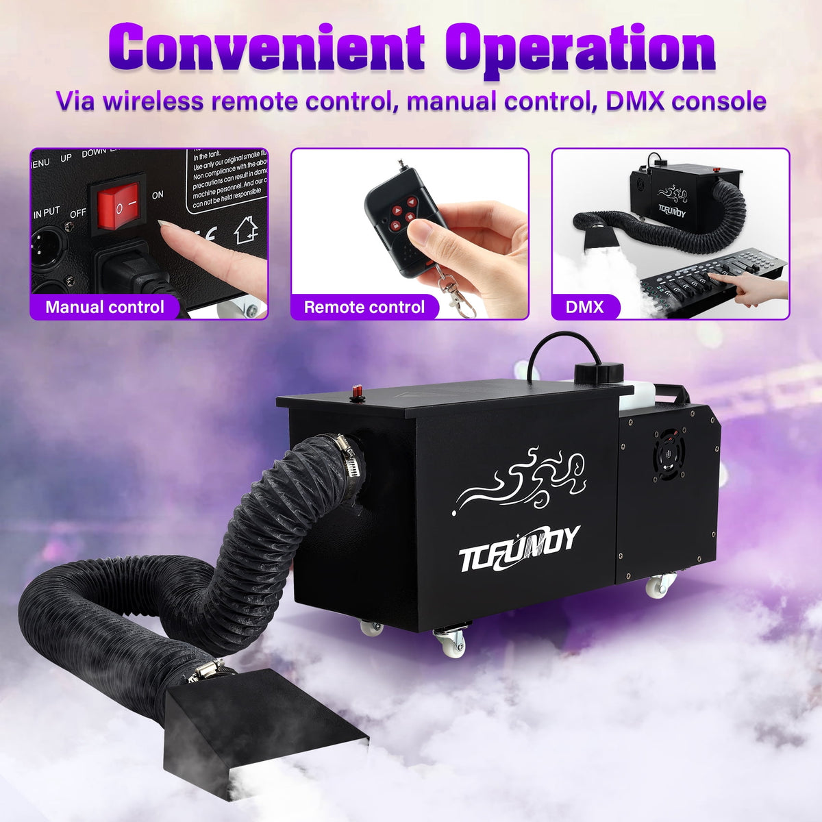 TCFUNDY 1500W Low Lying Fog Machine, Dry-Ice Effect Fogger w/ Tube, Ground Smoke Machine w/ DMX & Wireless Remote Control, Ideal Atmosphere Maker for Halloween, Parties, Weddings and Stage