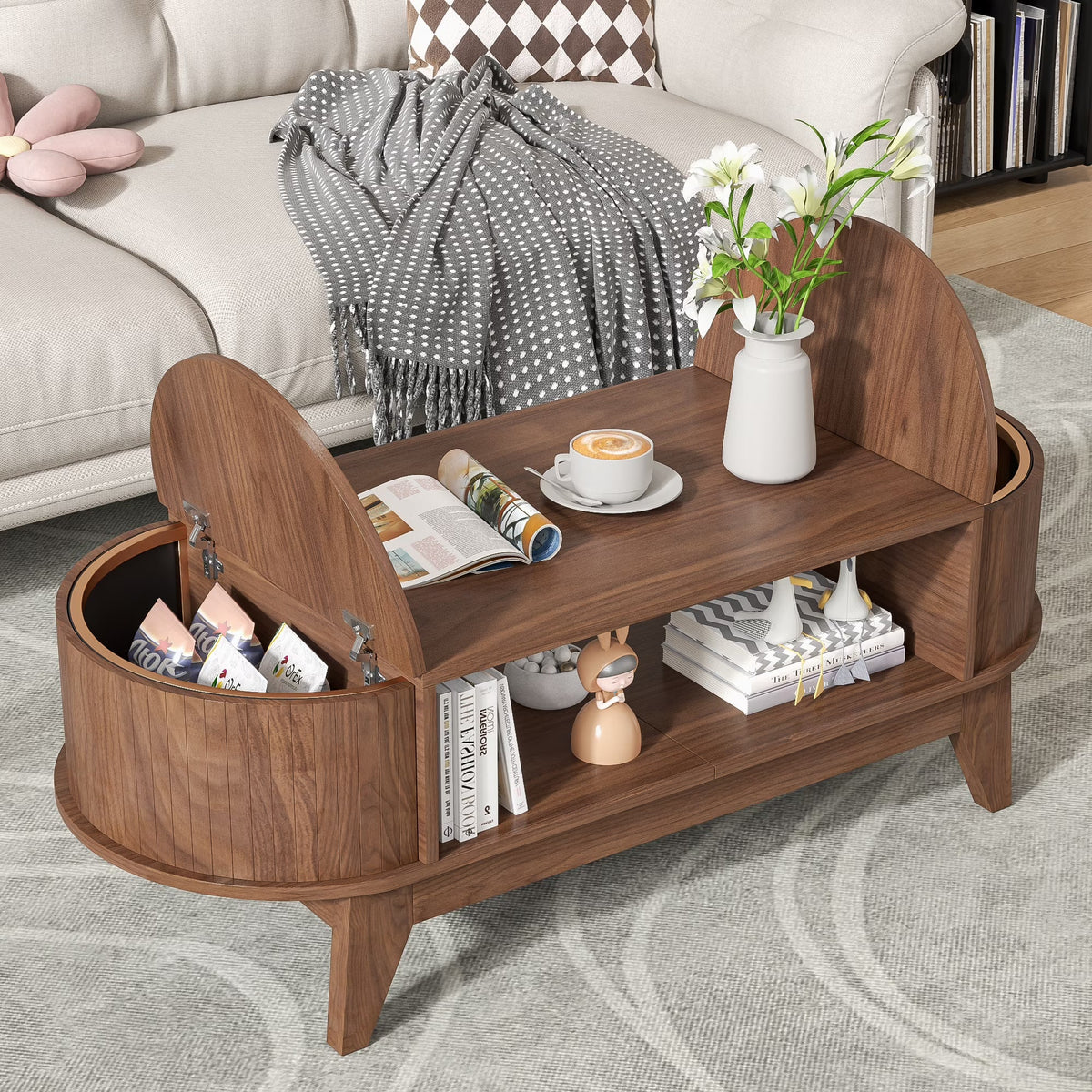 Fluted Oval Coffee Table With Storage, 46.45 x 19.68 x 15.94 in