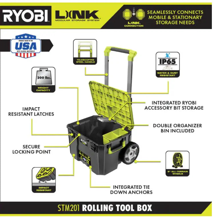 RYOBI LINK Modular Tool Storage Set, Rolling, Medium And Standard Tool Boxes, Green - STM201 STM102 STM101