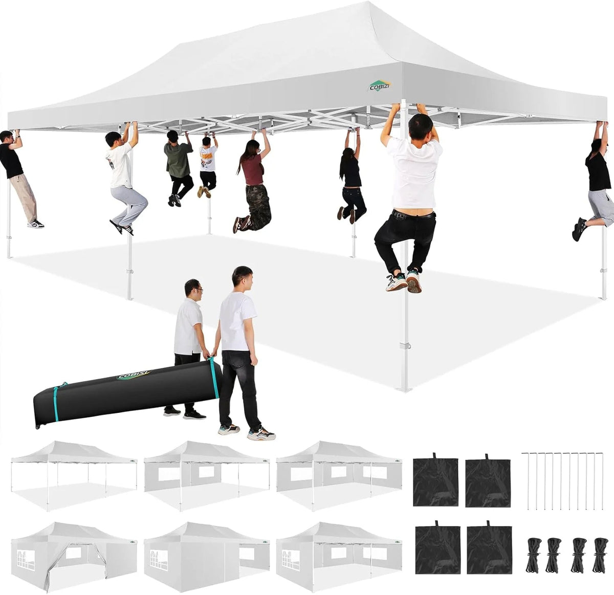 COBIZI 10x20 Heavy Duty Pop-Up Canopy Tent With 6 Sidewalls - Black