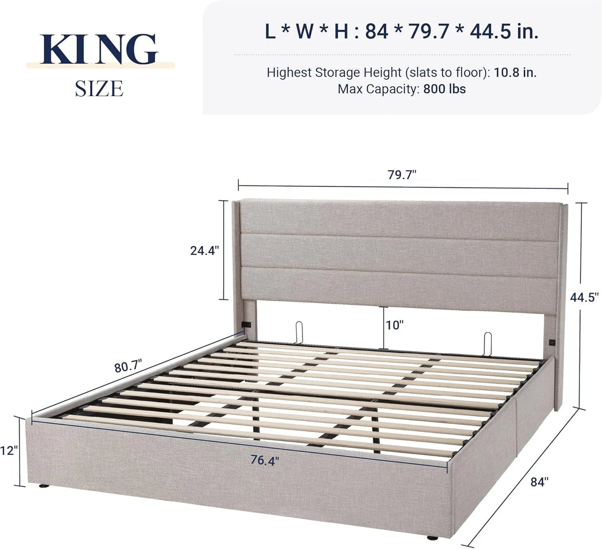 Allewie Queen Lift Up Storage Bed Frame With Wingback Headboard, Light Beige - 80.7 x 60.6 x 44.5 in