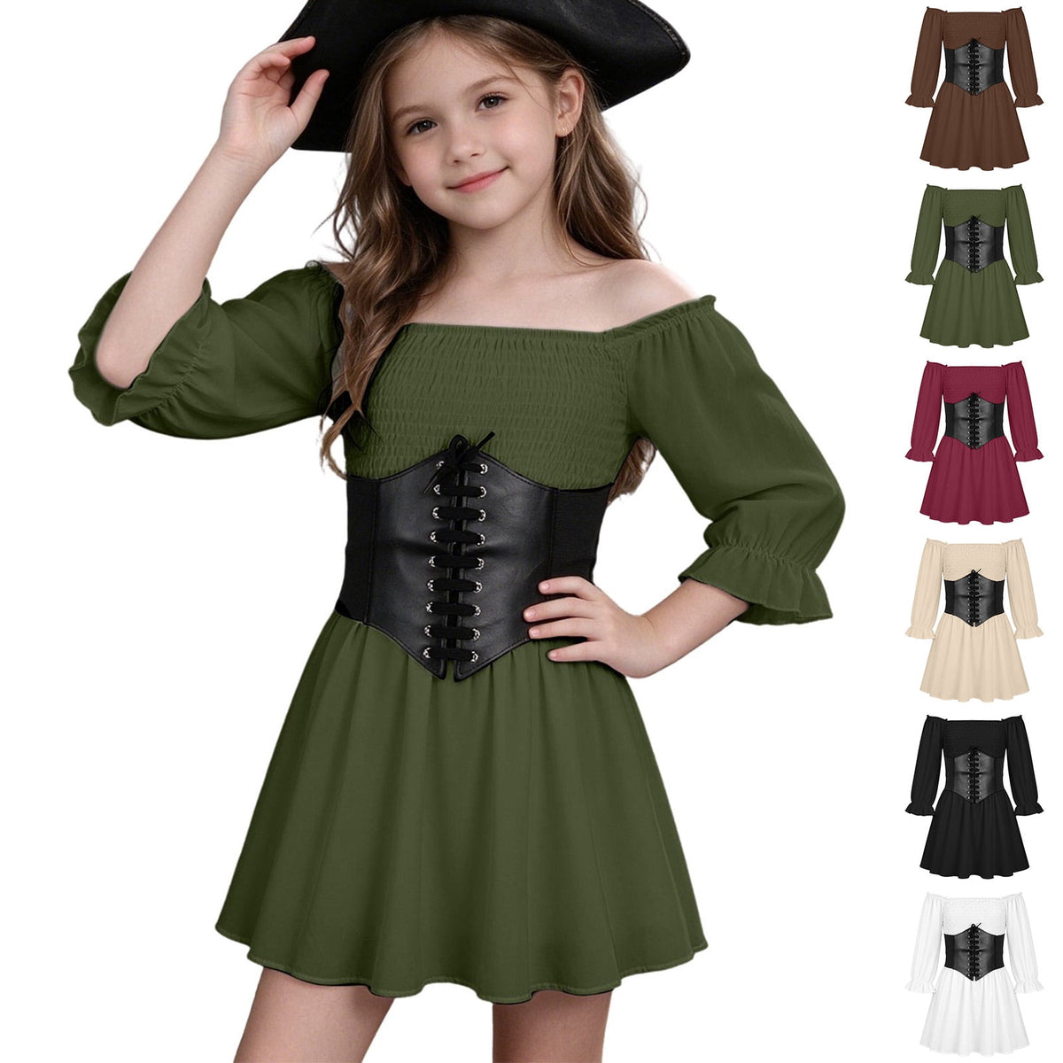 Kids Off the Shoulder Pirate Dresses with Sash Two Piece Set Pirate Costume Halloween Cosplay Halloween Costume Kids Size 4-14 Years
