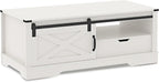 Farmhouse Coffee Table With Storage And Sliding Barn Door, 48 in, White