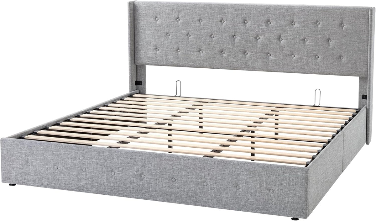 Allewie Queen Lift Up Storage Bed Frame With Wingback Headboard, Light Beige - 80.7 x 60.6 x 44.5 in