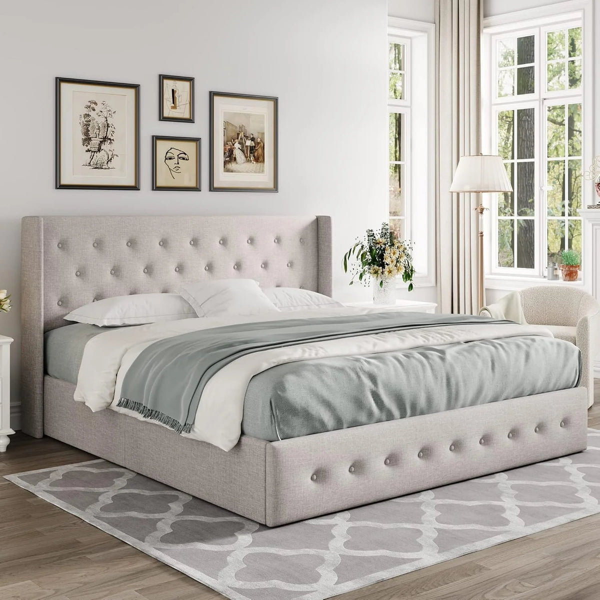 Allewie Queen Lift Up Storage Bed Frame With Wingback Headboard, Light Beige - 80.7 x 60.6 x 44.5 in