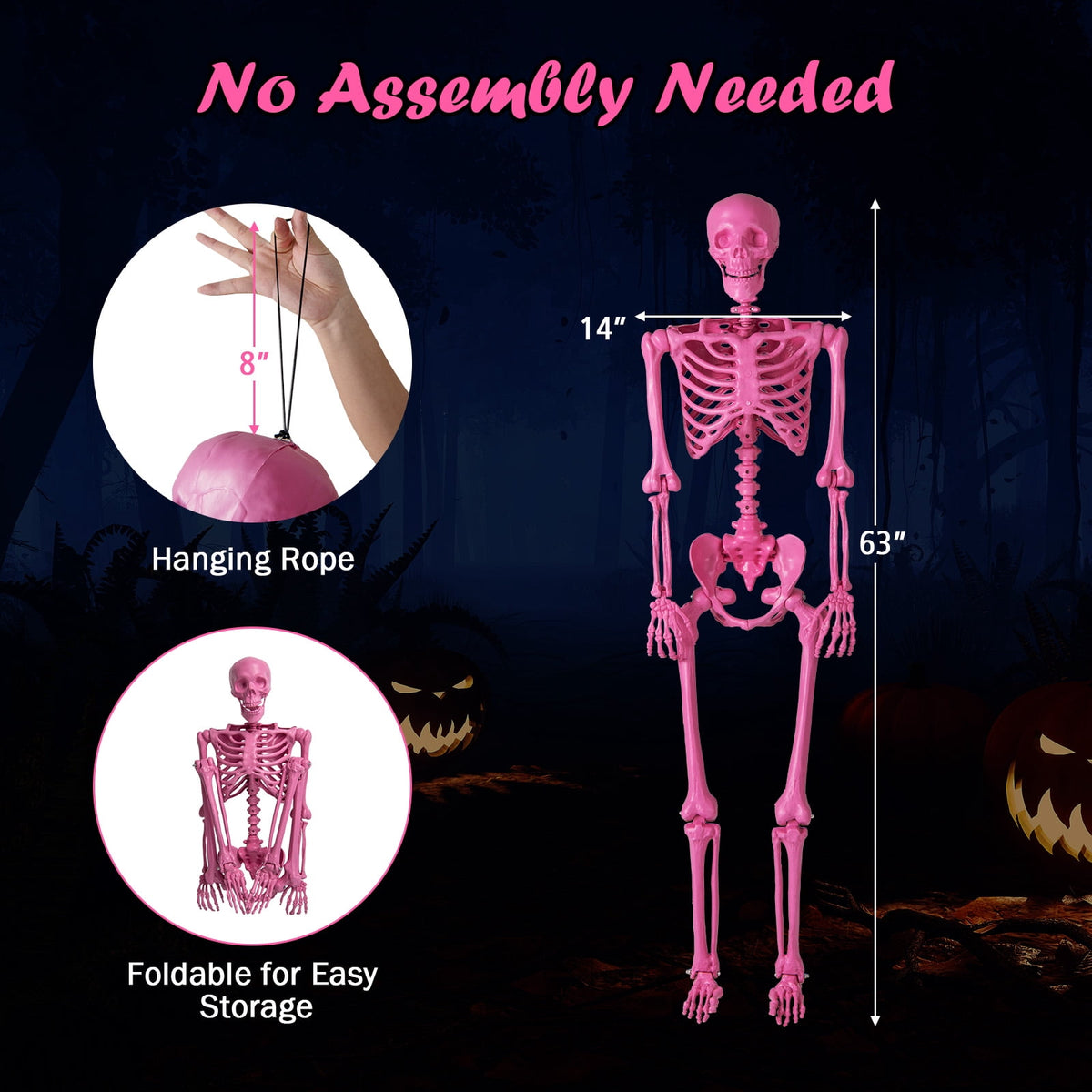 Costway 5.5 FT Poseable Halloween Skeleton Life-Size Decoration with Movable Joints Pink
