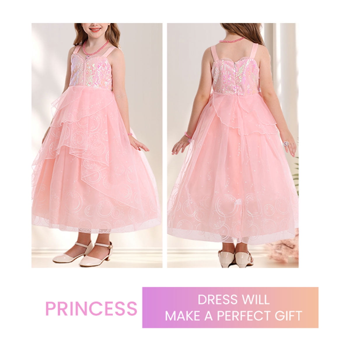 HAWEE Dress Costume for Girls, Pink Tulle and Sequin Dress for Kids Christmas Halloween Cosplay Costumes