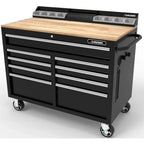 Husky Mobile Workbench With 9 Drawers, Hardwood Top And Power Connection, 117 cm W x 62 cm D - High-Gloss Black