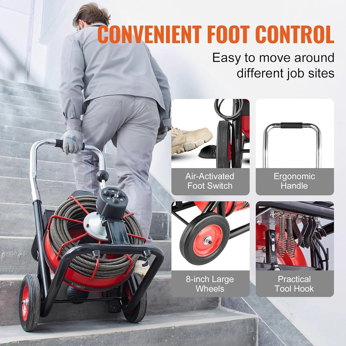 VEVOR Drain Cleaner Machine 100FT x 1/2 Inch, 550W, 8 Cutters, Red + Black
