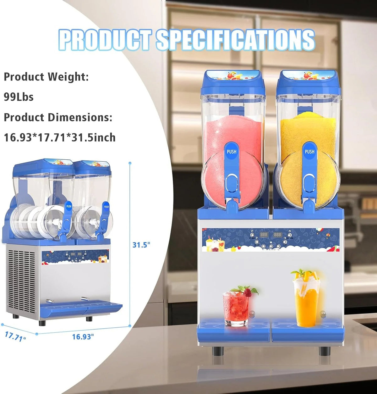 AnyDoor Commercial Slushy Machine, 30L, 1000W, Stainless Steel, Blue - 300-X