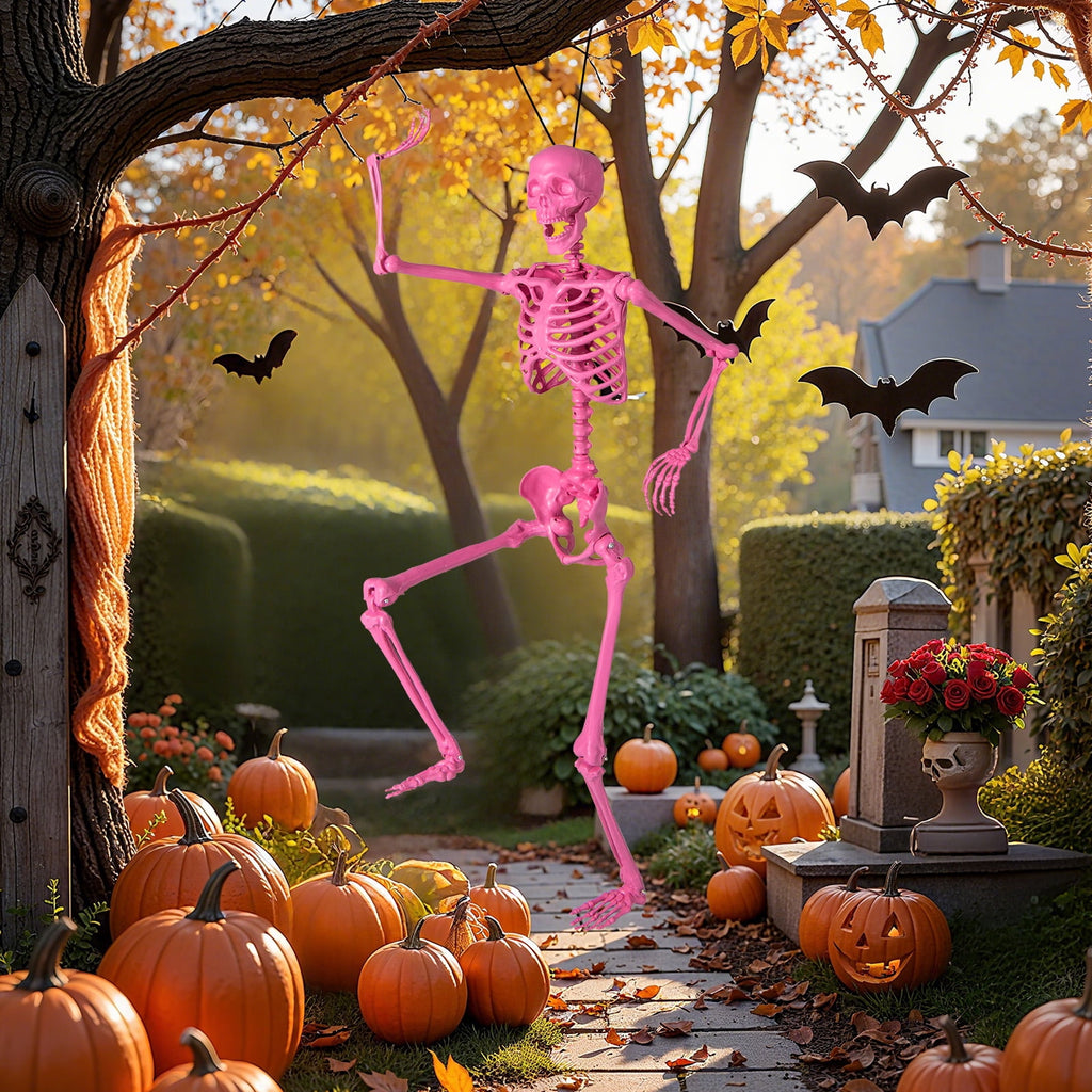 Costway 5.5 FT Poseable Halloween Skeleton Life-Size Decoration with Movable Joints Pink