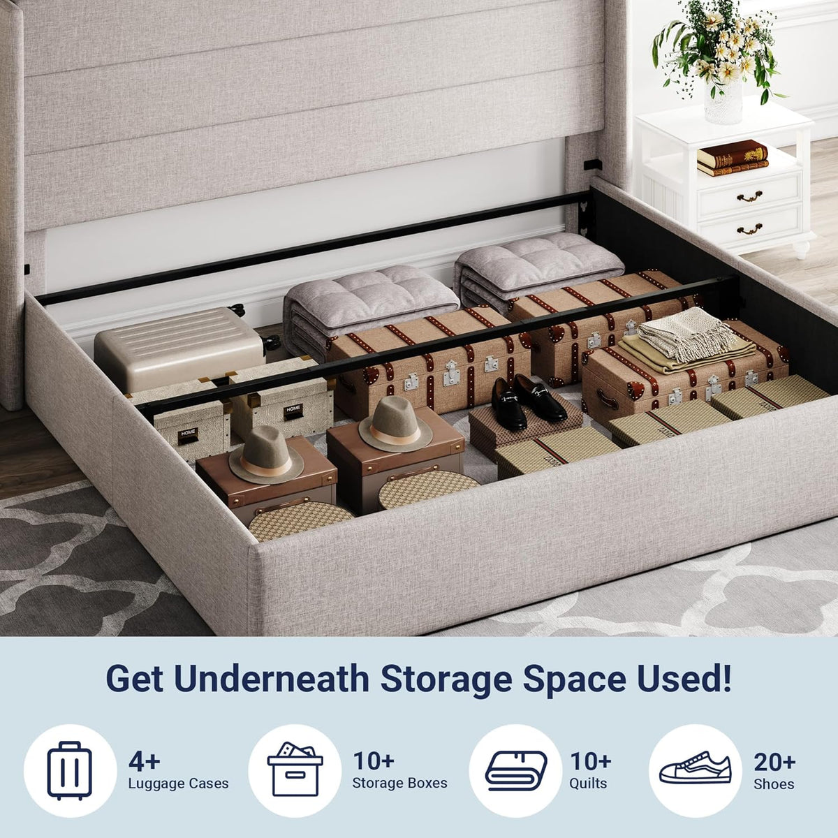 Allewie Queen Lift Up Storage Bed Frame With Wingback Headboard, Light Beige - 80.7 x 60.6 x 44.5 in