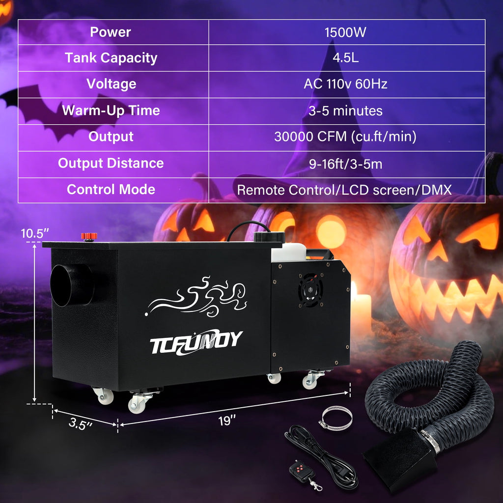 TCFUNDY 1500W Low Lying Fog Machine, Dry-Ice Effect Fogger w/ Tube, Ground Smoke Machine w/ DMX & Wireless Remote Control, Ideal Atmosphere Maker for Halloween, Parties, Weddings and Stage