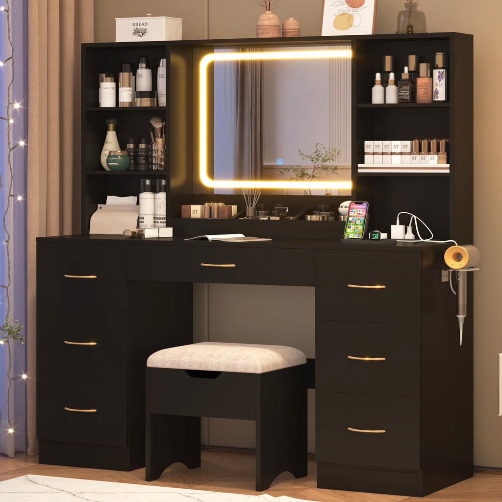 ChVans 47in Vanity Desk Set With LED Lighted Mirror, 7 Drawers, 6 Shelves, Cushioned Storage Stool - Black