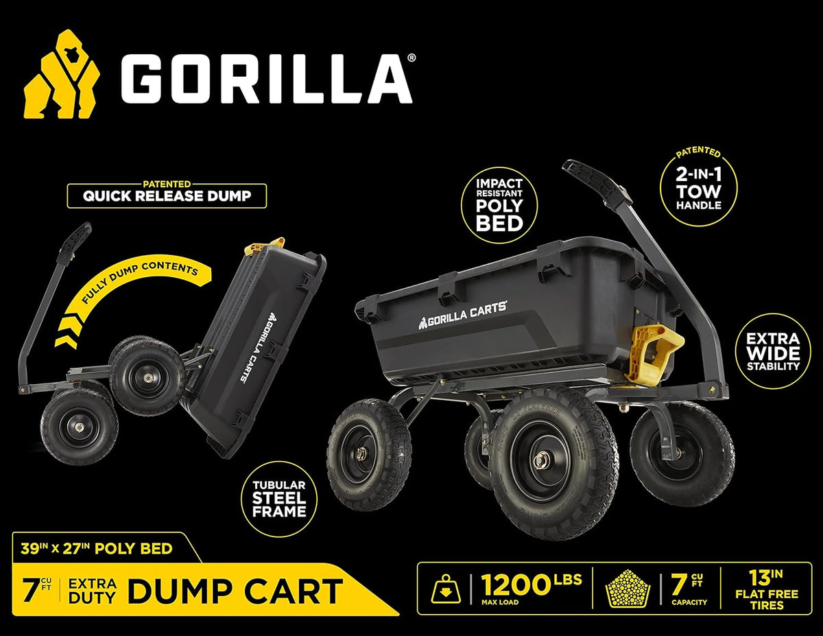 Poly Dump Garden Cart With No-Flat Tires And Serrated Shovel, 7 Cubic Feet, 1,200 lb Capacity, Black